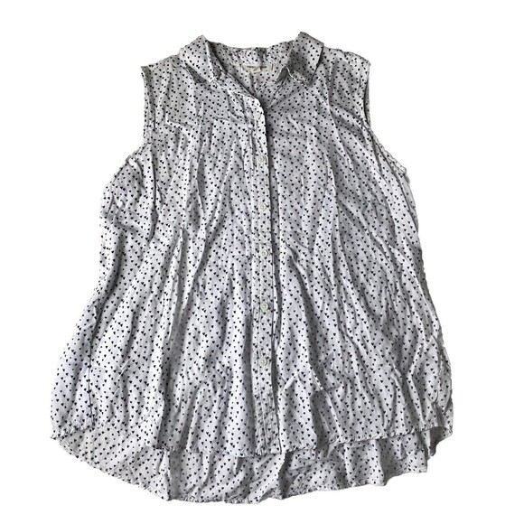 Beach Lunch Lounge White Black Heart Print Sleeveless Button Down Blouse Large - Picture 1 of 11